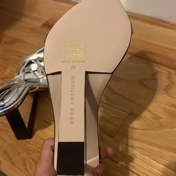 NIB Good American Silver Wedge Heels size 8.5